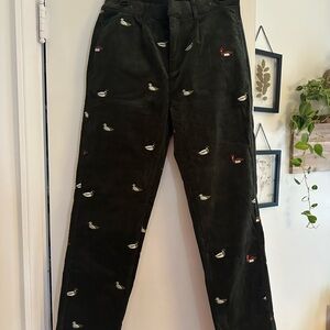 Green Corduroy Pants with Bird Embroidery